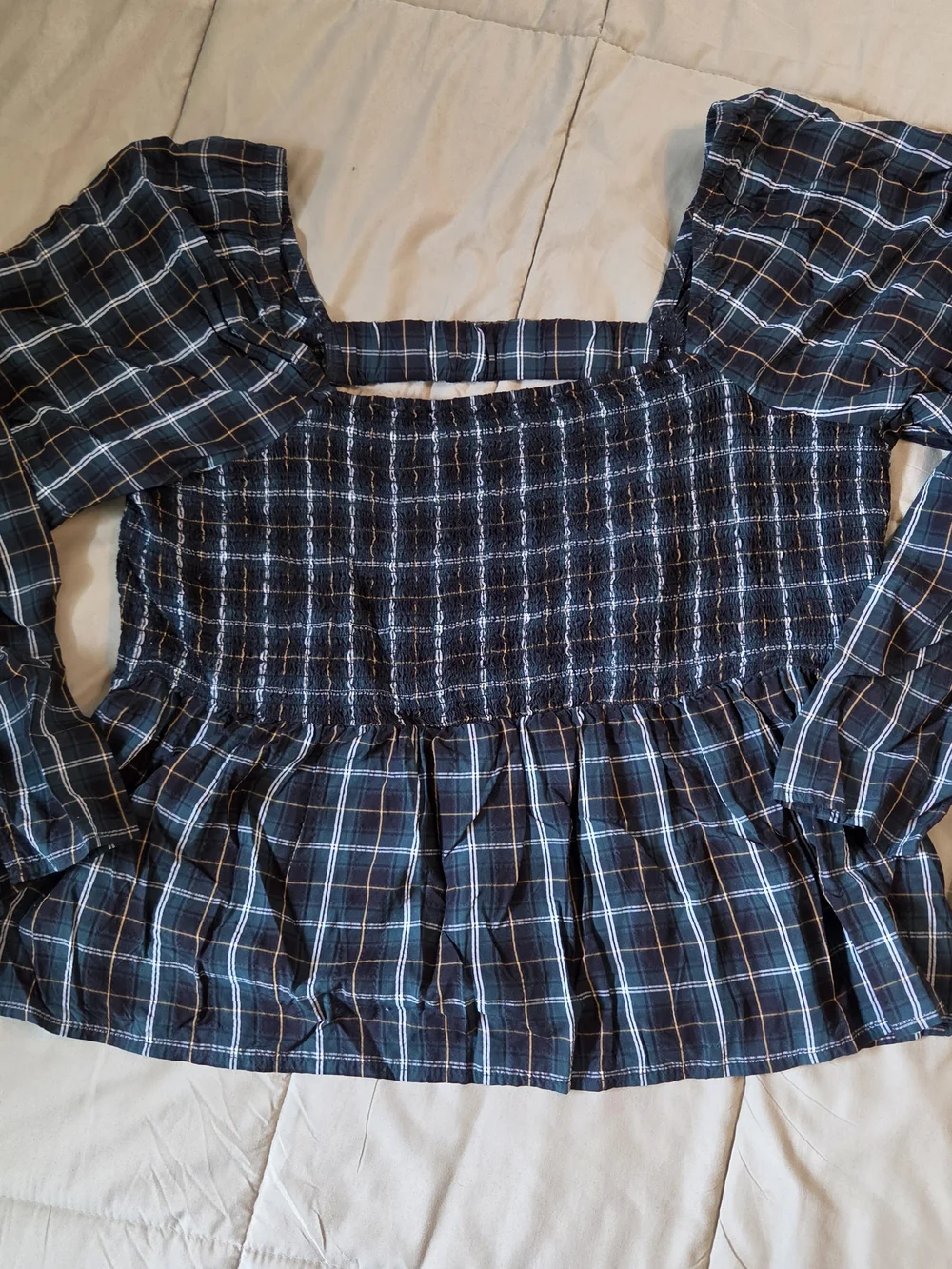 Old Navy Navy Plaid Smocked Square-Neck Top